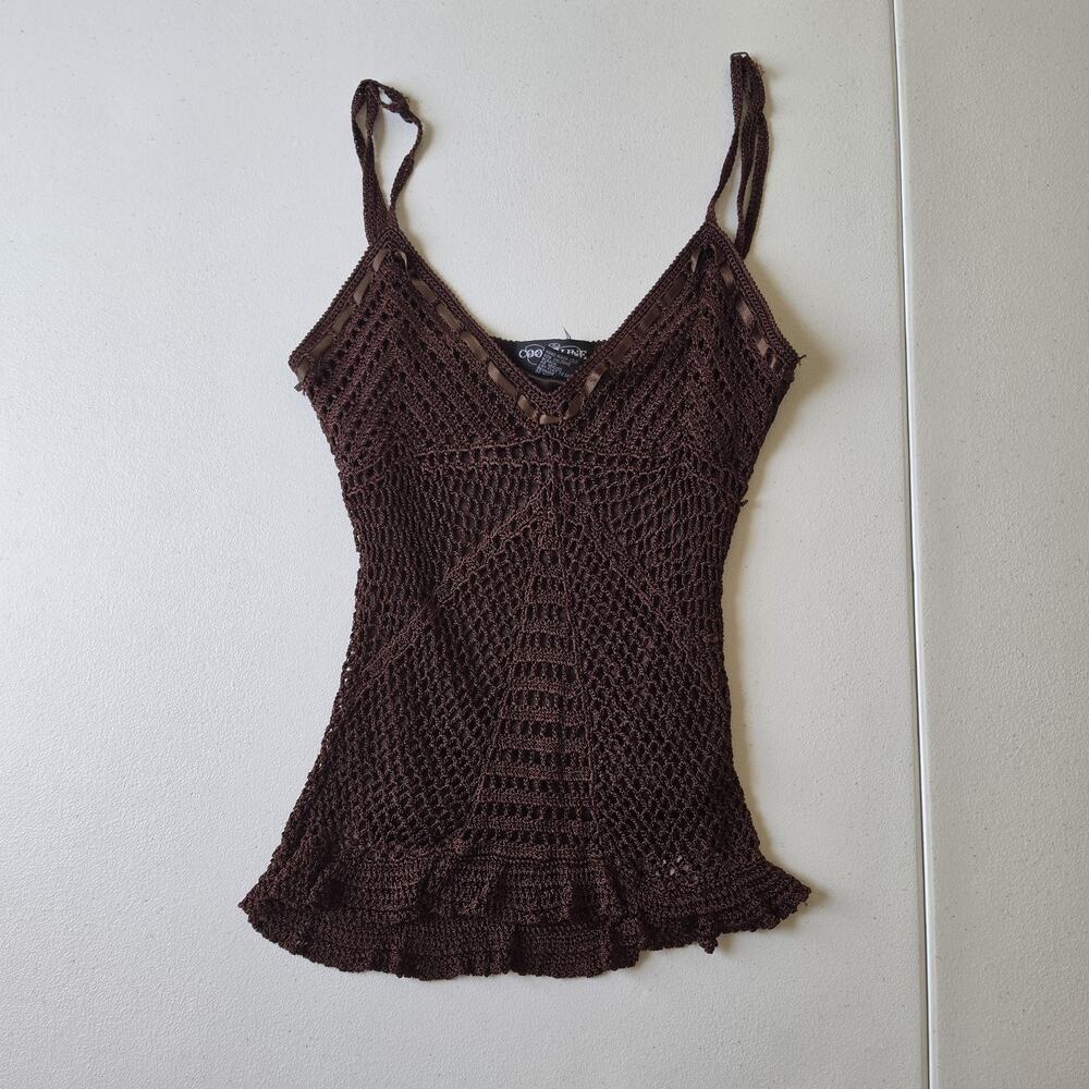 Vintage Y2K Fairy Whimsigoth Tank Top Womens Small Brown Crochet Ruffle Hem Boho